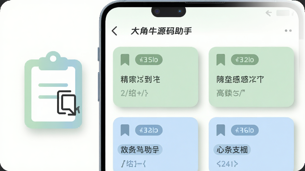 画面中一部手机屏幕显示“大角牛源码助手”的片段收藏页面,页面内为若干带标签的代码卡片,卡片上有书签图标与简短备注,手机左侧漂浮一个剪贴板图标与复制箭头,布局为左中右平衡构图,风格为柔和圆角扁平风,细节包括浅绿与浅蓝配色、卡片阴影、标签胶囊形状,画质清晰干净,无多余元素