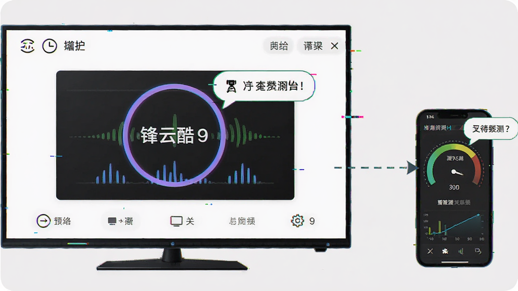 画面主体为一台电视屏幕显示锋云酷9播放界面出现缓冲圈,旁边放置一部手机显示网络测速界面,布局为电视居左、手机居右、中间用虚线箭头连接,风格为故障排查示意插画,细节包括缓冲图标、信号波形、提示气泡,画质清晰干净,无多余元素