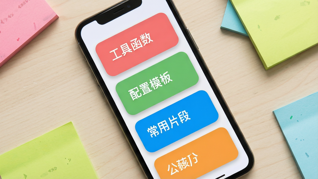 手机屏幕显示多个彩色卡片式代码分类标签,标签上写有
