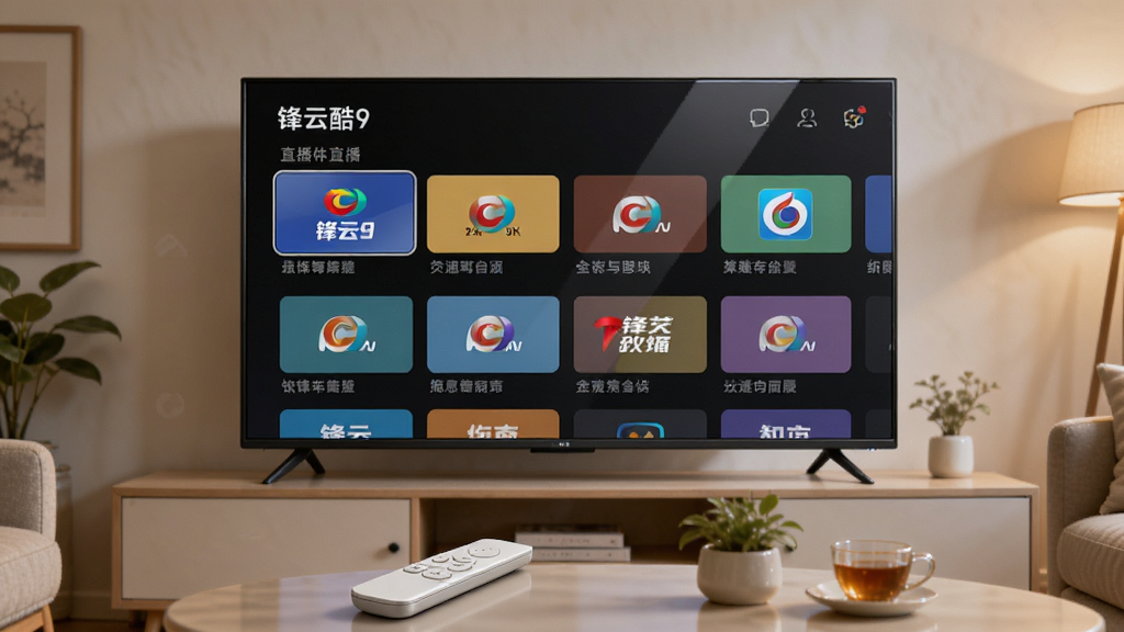 画面主体为一台放置在客厅电视柜上的大屏智能电视,屏幕中显示“锋云酷9”的直播频道列表界面,界面采用深色背景配彩色频道卡片;电视前方摆放一个简洁的白色遥控器,茶几上有绿植与茶杯点缀;整体布局为居中对称构图,电视占据画面视觉中心;风格为现代家居实拍感,光线柔和温暖;细节包括电视边框反光、频道卡片上的台标图标清晰可见、遥控器按键纹理分明;画质为4K高清,画面干净整洁,无多余元素