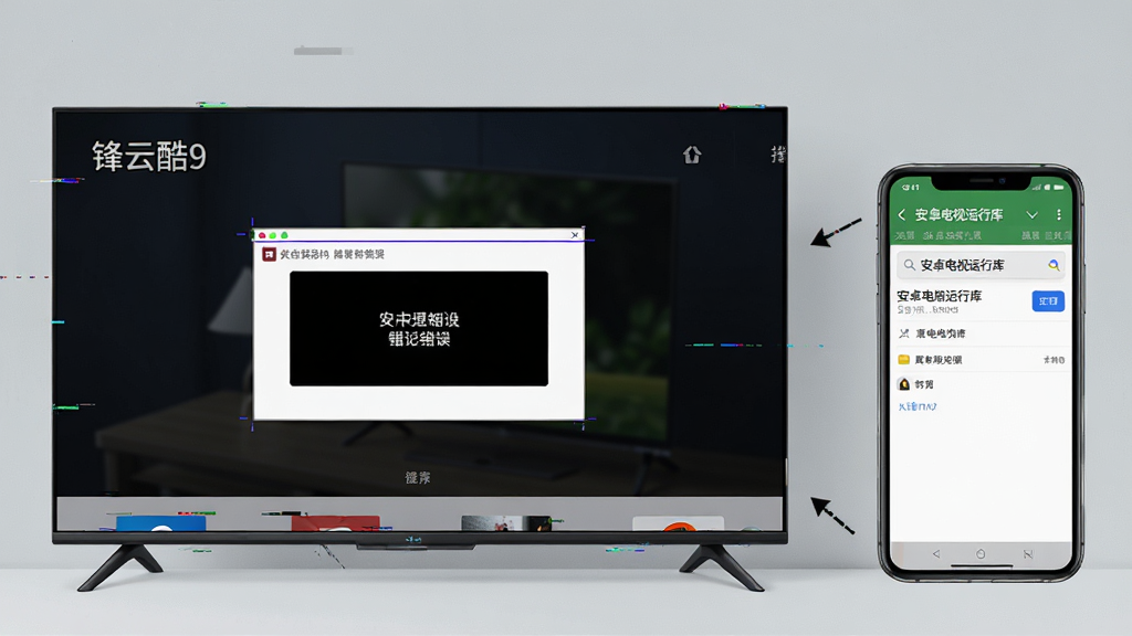 画面主体为一台智能电视屏幕显示“锋云酷9”播放界面出现黑屏错误提示,旁边放置一部手机屏幕显示搜索“安卓电视运行库”的页面;布局为左右对比构图,左侧电视右侧手机;风格为故障排查场景示意图,简洁明了;细节包括电视屏幕上的错误弹窗边框、手机搜索框中的文字内容、背景为浅灰色墙面;画质清晰,画面干净,无多余元素