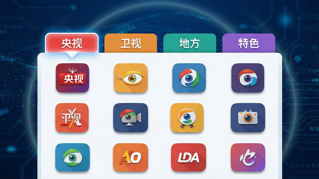 画面主体为一张悬浮在深蓝色科技背景中的频道分类面板,面板上排列着“央视”“卫视”“地方”“特色”四个彩色标签页,每个标签页下方展示若干频道图标;布局为纵向分层展示,标签页在上方横向排列,频道图标网格状铺开;风格为扁平化UI设计展示图,色彩鲜明;细节包括标签页的高亮选中状态、频道图标带有细微阴影、背景有淡光晕效果;画质清晰锐利,画面干净,无多余元素