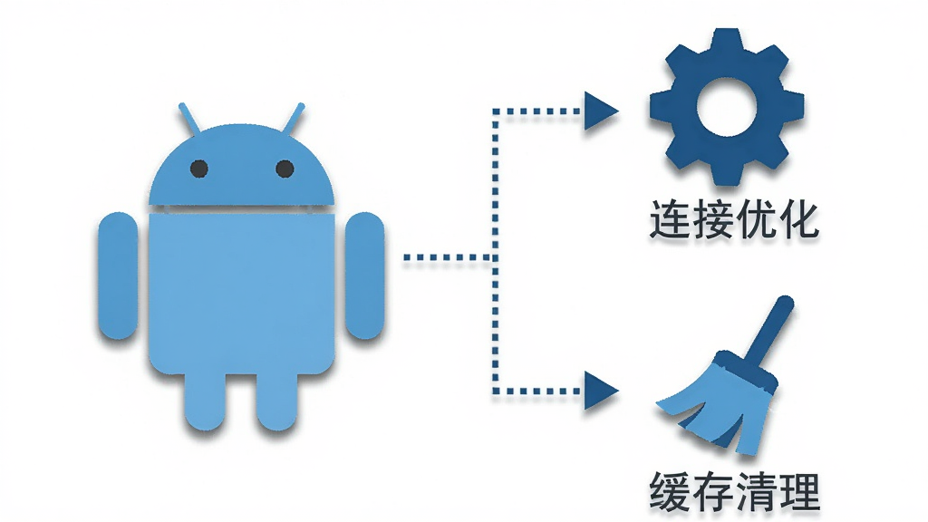 一张AI生成的图片,画面中心是一个安卓手机图标,图标右侧延伸出两条分支,一条指向“连接优化”齿轮图标,另一条指向“缓存清理”扫帚图标,图标之间用虚线箭头连接。布局为横向流程图式,风格为简约商务扁平风,细节包括图标阴影、虚线箭头、浅蓝与深蓝配色。画质干净,背景为白色,无多余装饰。