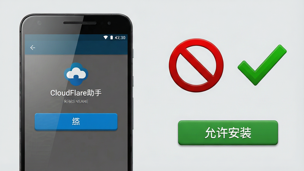 一张AI生成的图片,画面左侧是一部安卓手机,屏幕上显示“CloudFlare助手”的安装权限设置界面,右侧是一个红色的禁止符号与一个绿色的对勾符号并列,下方有“允许安装”字样的按钮。布局为左右对比式,风格为简洁警示风格,细节包括手机屏幕的高光、按钮的立体感。画质清晰,背景为浅灰色,无多余元素。