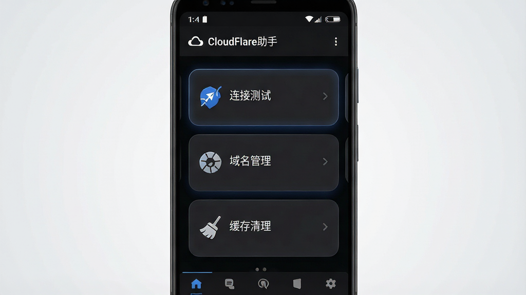 一张展示安卓手机屏幕的图片,屏幕中央是“CloudFlare助手”应用的主界面,界面采用深色主题,顶部显示网络状态图标,中部排列着几个功能卡片,分别标注“连接测试”“域名管理”“缓存清理”,底部有导航栏。布局为居中手机特写,背景为干净的浅灰色渐变。风格为现代科技感UI展示,细节包括卡片圆角、微光阴影、清晰的图标线条。画质高清,画面干净,无多余元素。