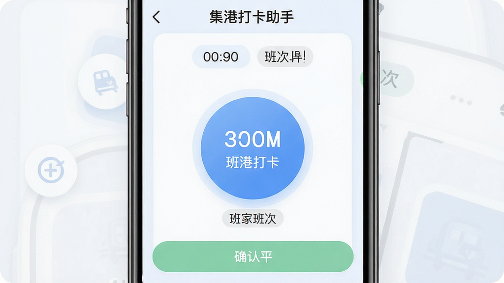 画面主体为“集港打卡助手”应用内的快捷打卡功能界面特写,布局为竖向手机屏幕居中展示,屏幕内呈现大尺寸圆形打卡按钮与班次标签,排版突出按钮主体,风格为清爽浅色UI风,细节包含时间显示、班次名称文字与确认提示条,画质清晰,画面干净,无多余元素