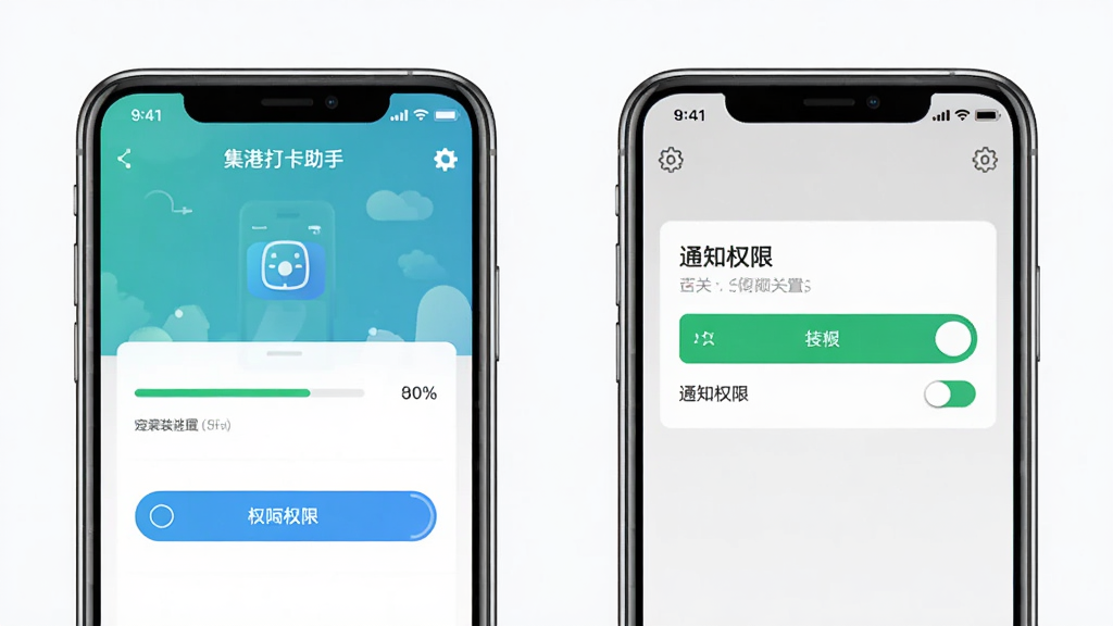 画面主体为“集港打卡助手”应用安装与权限设置的操作示意场景,布局为左侧手机展示安装界面、右侧手机展示通知权限开关页面,两台手机并排排列,排版清晰对称,风格为简约科技风,细节包含安装进度条、权限开关按钮与设置齿轮图标,画质高清,画面干净,无多余元素