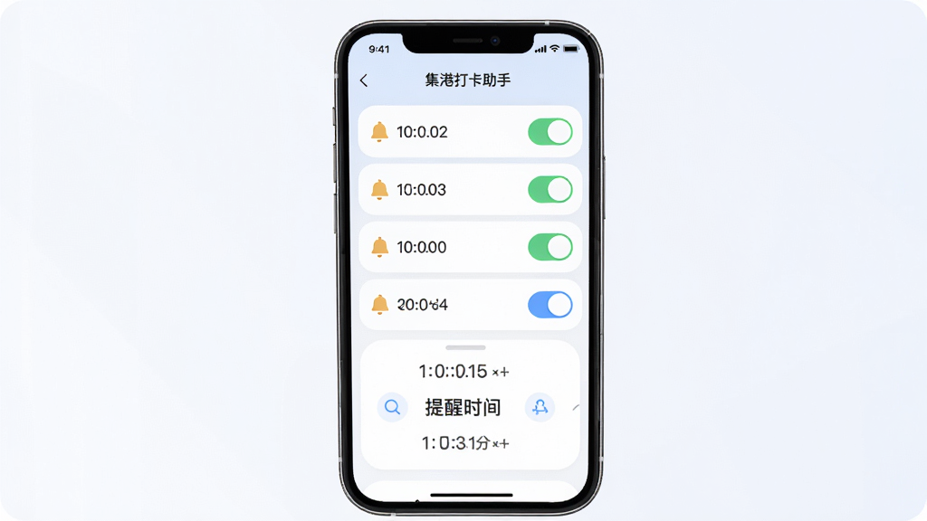 画面主体为“集港打卡助手”应用内的提醒设置界面,布局为手机屏幕居中展示,屏幕内呈现多个时间开关列表与提醒时间选择器,排版整齐,风格为柔和圆角浅色风,细节包含铃铛图标、时间数字与开关按钮,画质高清,画面干净,无多余元素