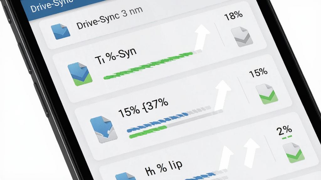 一张 Drive-Sync 传输进度界面的特写图,主体为手机屏幕显示文件列表与进度条,布局为竖向排列的任务卡片,排版整齐清晰,风格为移动应用界面写实风,细节包含百分比数字、速度标识、文件图标与状态标签,画质清晰干净,无多余元素