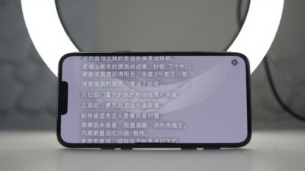 画面中央一部智能手机横向放置,屏幕上显示滚动的中文台词文本,手机背后是简洁的桌面和环形补光灯,布局为居中构图,风格为写实产品摄影,细节包含手机边框反光、屏幕文字清晰、背景虚化柔和,画质高清干净无多余元素