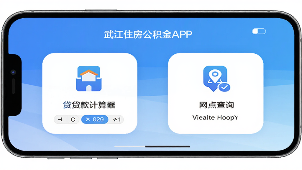 手机屏幕展示武汉住房公积金APP便民工具页面,包含贷款计算器和网点查询图标,蓝色渐变背景,圆角卡片设计,扁平化风格,高清画质,无多余元素