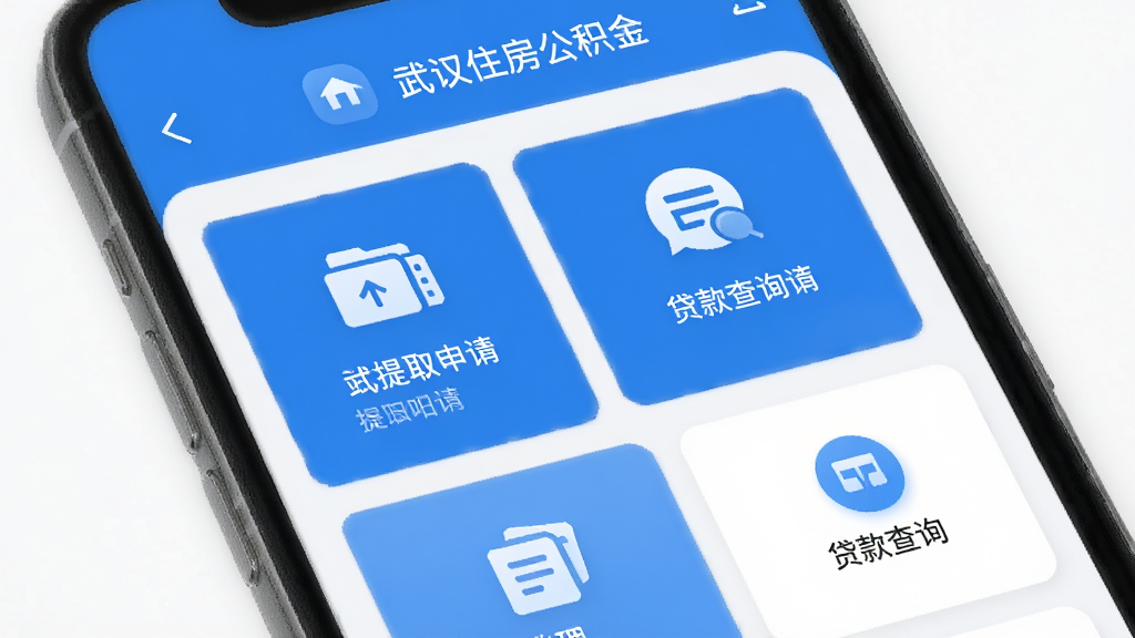 手机界面展示武汉住房公积金APP业务办理页面,多个功能入口卡片排列,包含提取申请和贷款查询图标,蓝色主题配色,扁平化UI风格,布局清晰,高清画质,无多余元素