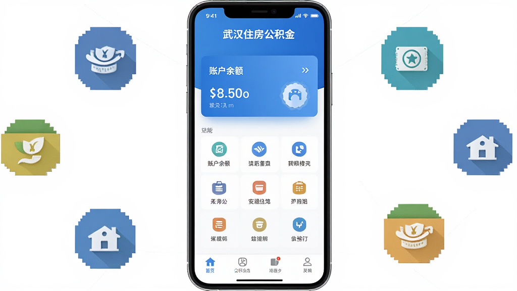 手机屏幕居中展示武汉住房公积金APP首页界面,蓝色渐变背景,页面顶部显示武汉住房公积金字样,中间有账户余额卡片和功能图标网格,底部导航栏,周围环绕公积金相关的图标元素,扁平化UI设计风格,简洁干净,高清画质,无多余元素