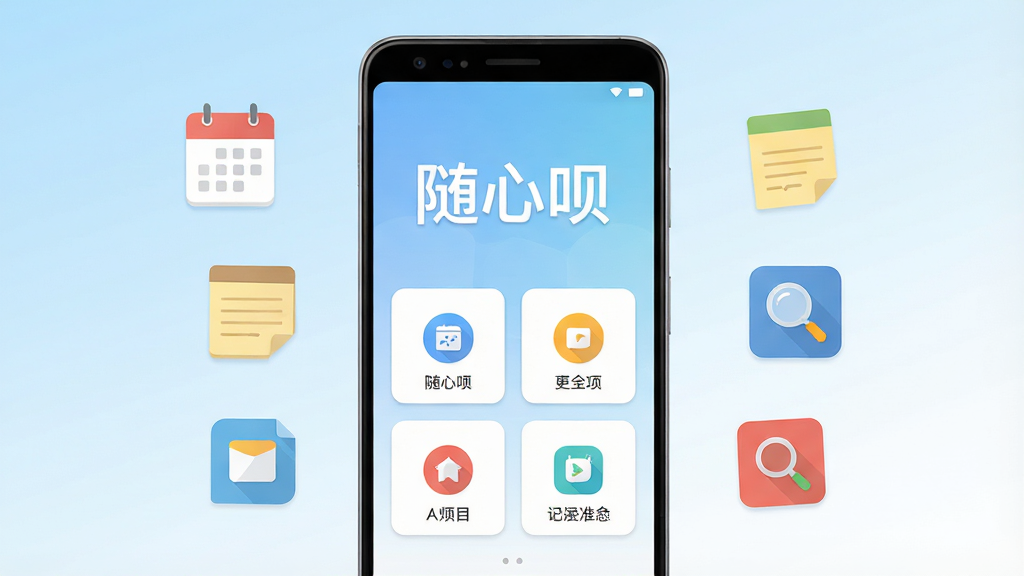 画面中央放置一部安卓手机,手机屏幕显示简洁的应用主界面,界面上方用大号中文字写着“随心呗”,下方排列四个功能图标卡片;手机两侧漂浮着日历、便签、搜索放大镜等扁平化小图标,整体采用浅蓝与白色渐变背景,风格清爽现代,排版居中对称,细节干净利落,画质清晰,无多余装饰元素