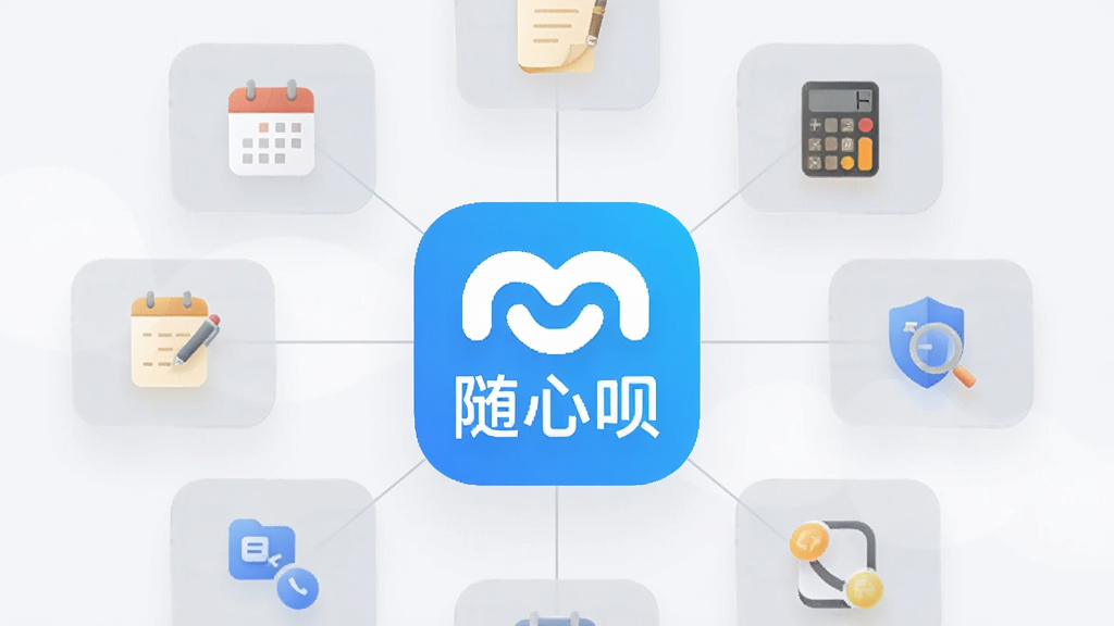 画面以“随心呗”应用图标为中心,四周环绕多个半透明功能卡片,分别标注日历、便签、计算器、查询等小图标,卡片之间用细线连接形成聚合结构;背景为浅灰白色,风格简约商务,排版呈放射状,细节清晰,画质干净,无多余元素