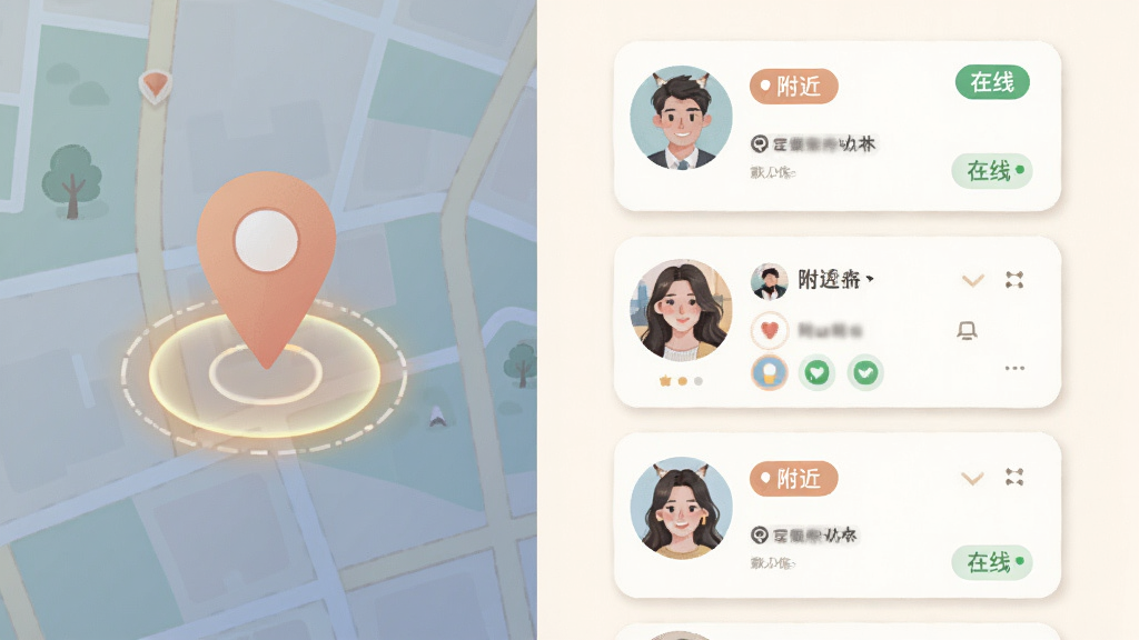 附近爱撩交友功能展示图,画面左侧为地图定位图标与距离光圈,右侧为三张用户卡片依次排开,卡片上带有“附近”与“在线”标签,整体采用插画风格,色调柔和,布局左右分栏,细节精致,画质清晰,干净无杂乱