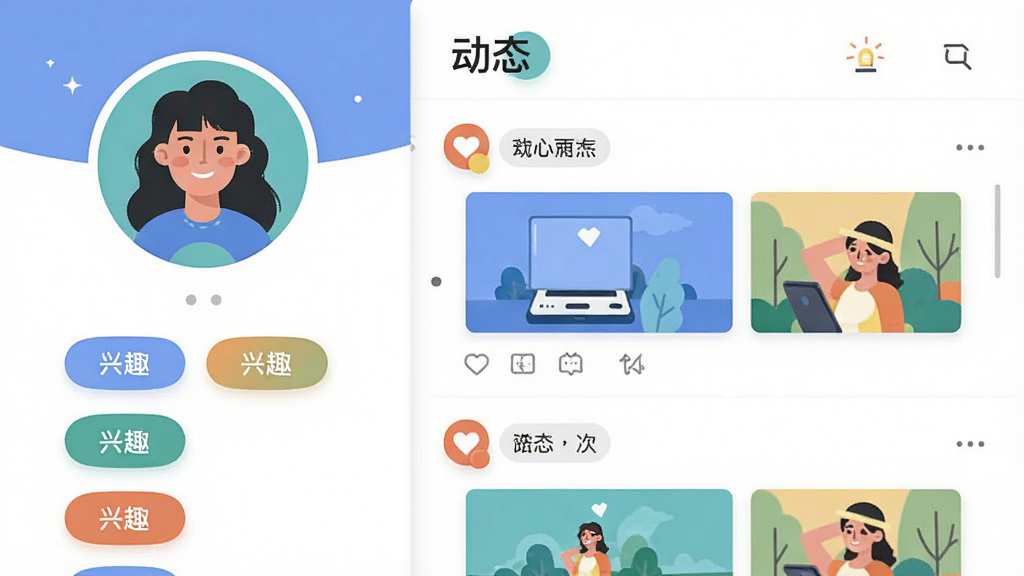 附近爱撩交友个人主页与动态广场界面示意图,左侧为头像与兴趣标签排列,右侧为图文动态流,画面中出现“动态”“兴趣”等文字标签,采用现代扁平插画风格,配色清新,布局规整,细节丰富,画质高清,无多余装饰