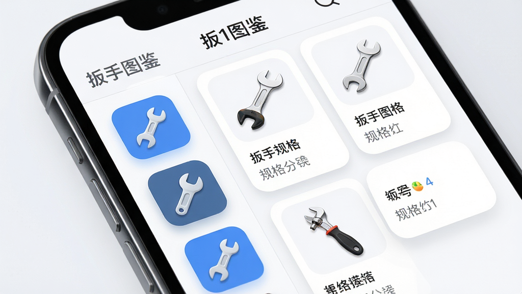 画面主体为手机屏幕特写,屏幕中展示“扳手图鉴”应用的图库列表界面,左侧为扳手分类图标,右侧为对应扳手实物缩略图与规格文字,布局为左右分栏排版,风格为清爽科技UI风,细节表现图标圆角与卡片阴影,画质高清、干净、无多余元素
