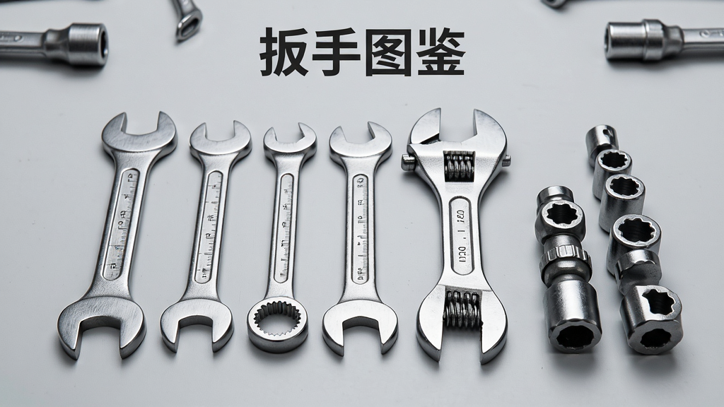 画面中央摆放一组排列整齐的工业扳手工具,包括开口扳手、梅花扳手、活动扳手和套筒扳手,主体突出、布局居中对称,背景为干净的浅灰色工作台面,风格写实工业摄影风,细节展现金属质感与刻度纹理,画质清晰锐利、干净无多余元素,图片上方居中位置打上文字“扳手图鉴”