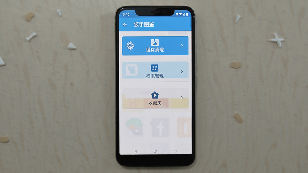 画面为一部安卓手机屏幕展示“扳手图鉴”应用设置界面,界面中包含缓存清理、权限管理、收藏夹等选项按钮,主体手机居中放置,布局简洁单列排版,风格为扁平化UI设计风,细节表现按钮图标与文字层级,画质清晰、干净、无多余元素