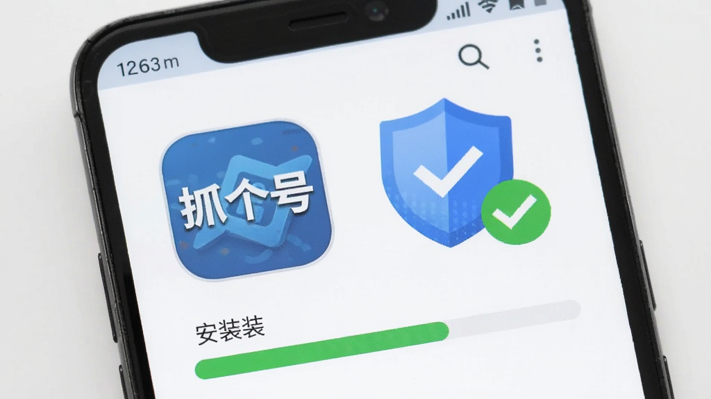 画面展示一部安卓手机屏幕特写,屏幕上显示“抓个号”软件图标与安装进度条,旁边配有盾牌安全图标和勾选标记,背景为浅灰色,风格简洁商务,布局突出手机与安全元素,画质清晰,干净无多余元素