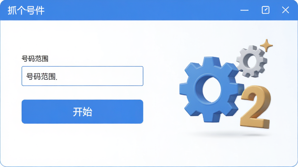 画面展示“抓个号”软件的功能设置界面,界面中可见号码范围输入框与开始按钮,旁边以立体图标形式呈现齿轮与数字元素,象征自定义设置,布局简洁有序,风格扁平化,色调以蓝白为主,画质清晰,干净无多余元素