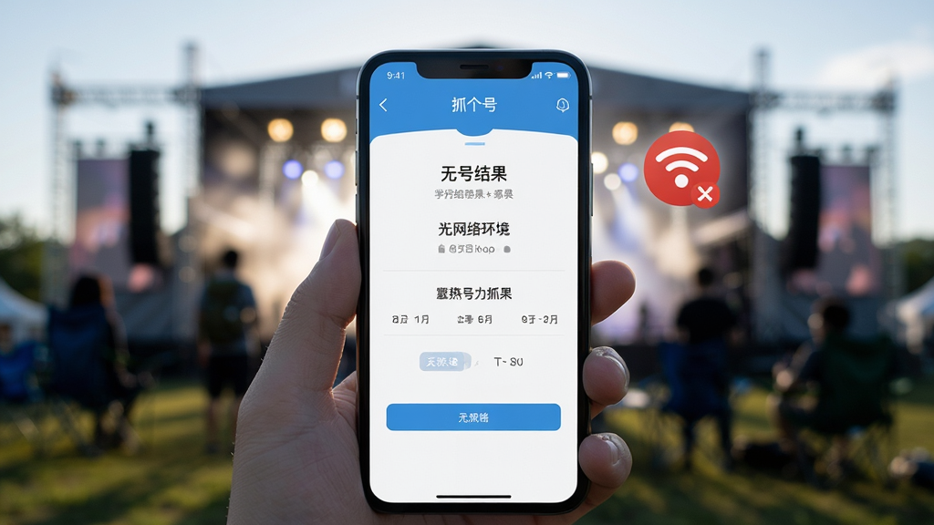 画面展示“抓个号”软件在无网络环境下的使用场景,手机屏幕显示抓号结果页面,背景为户外活动场景的虚化剪影,画面中带有无线网络关闭的图标元素,风格写实,布局突出手机主体,画质清晰,干净无多余元素