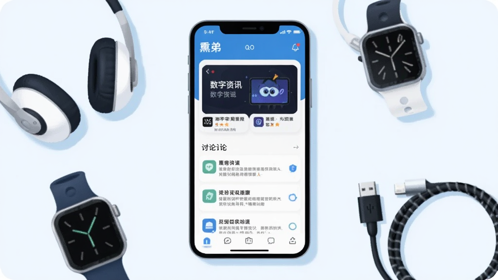 画面中央放置一部智能手机,屏幕显示“熏弟”应用主界面,界面包含数码资讯卡片与讨论区列表,手机周围环绕耳机、智能手表、数据线等数码配件,整体采用扁平化插画风格,浅蓝与白色为主色调,布局简洁居中,细节清晰,画质干净,无多余元素