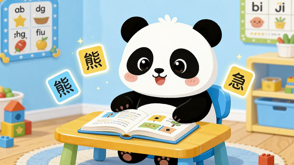 一幅温馨的儿童早教场景插画,画面中央是一只圆润可爱的熊猫卡通形象“熊小球”,它正坐在彩色小书桌前,桌上摊开一本图画识字书,书本周围漂浮着几个发光的汉字卡片,背景是柔和的浅蓝色房间,墙上贴着拼音挂图,地面散落着积木玩具,整体风格为明亮清新的扁平化卡通插画,色彩以蓝、黄、白为主,画面干净整洁,无多余元素,高清画质,适合软件下载站配图使用