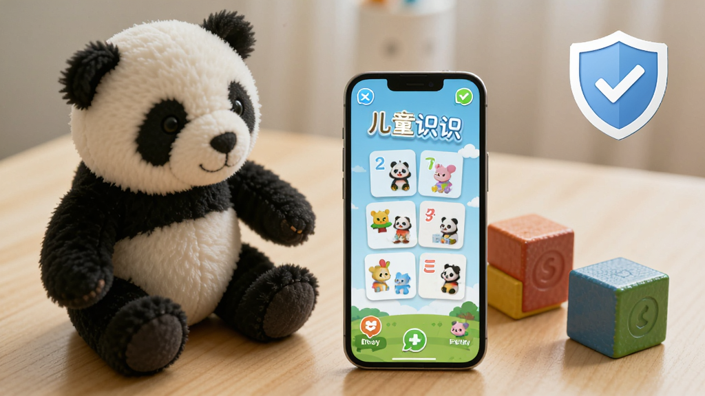 一部智能手机屏幕显示儿童识字软件界面,旁边放着一只熊猫毛绒玩具和几块彩色积木,背景为木质桌面,画面右上角有一个盾牌图标象征安全防护,整体为写实风格的产品场景图,光线柔和,画质清晰,构图干净,无多余元素