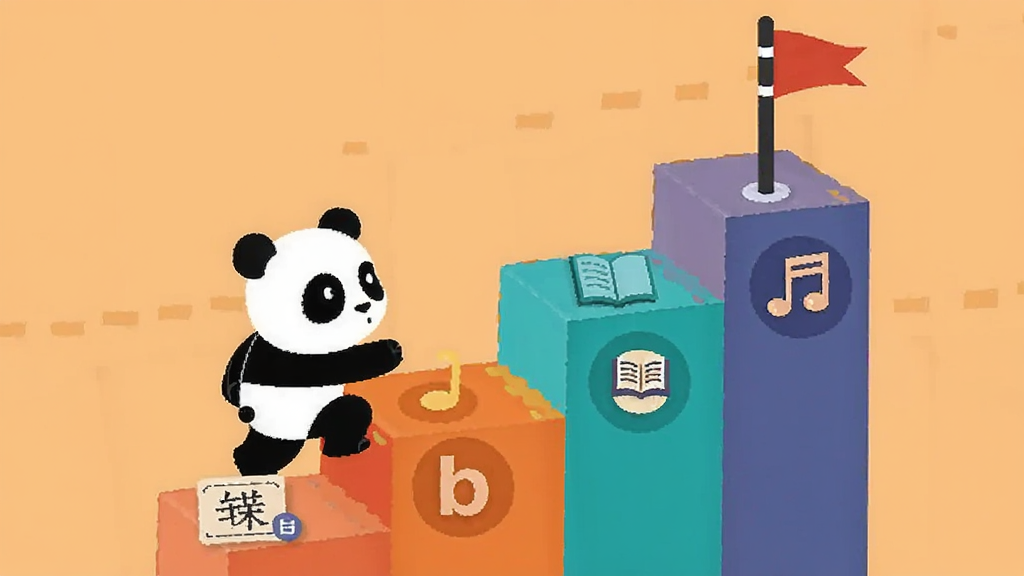 一幅阶梯式学习路径示意图,画面中一只熊猫卡通形象正沿着彩色台阶向上走,每一级台阶上标注着不同的学习模块图标,如汉字卡片、拼音字母、书本和音符,台阶顶部有一面小旗帜,背景为浅橙色,整体为简洁的扁平化信息图风格,画质清晰,无杂乱元素