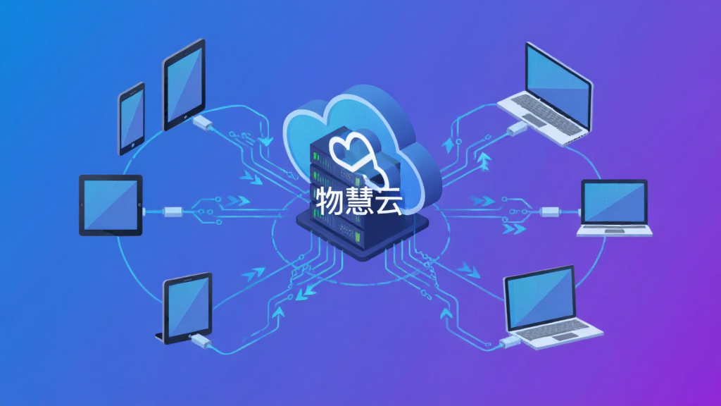 画面主体是云端服务器图标与多台设备(手机、平板、电脑)通过数据线相连的示意图,中央标注“物慧云”字样;布局为放射状中心构图,服务器居中,设备环绕四周;排版简洁,元素间距均匀;风格为科技感矢量插画,蓝紫渐变背景;细节包含数据流光线与同步箭头;画质高清,干净,无多余元素