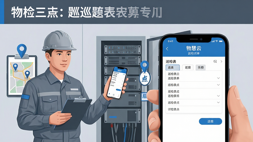 画面主体是一名身穿工装的巡检人员手持手机,屏幕显示“物慧云”巡检表单填写页面,旁边有设备机柜与巡检点位标识;布局为人物居左、手机界面放大居右的对比构图;排版上下分层,上方留标题区域;风格为写实商务插画,冷灰色调搭配蓝色点缀;细节包含安全帽、记录板与定位图钉元素;画质清晰,干净,无多余元素