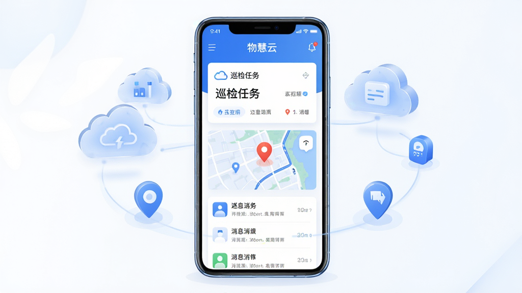 画面主体是一部竖屏安卓手机,屏幕中央展示“物慧云”应用主界面,包含巡检任务卡片、地图定位标记与消息列表三个模块;布局采用居中对称构图,手机两侧漂浮半透明的云端数据图标与定位符号;排版清爽留白充足;风格为现代科技扁平插画,蓝白主色调;细节上手机边框有轻微高光,图标线条简洁;画质高清,干净,无多余元素