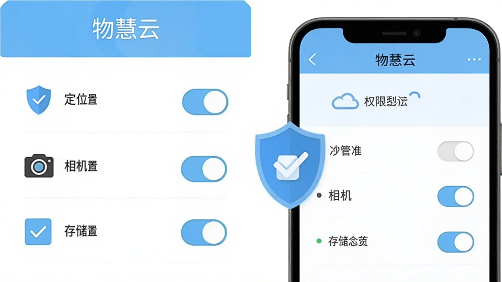 画面主体是一部手机屏幕显示“物慧云”权限设置页面,旁边配有盾牌图标与勾选清单;布局为手机居右、清单居左的平衡构图;排版清晰,分区明确;风格为扁平化信息图,浅蓝与白色为主;细节包含定位、相机、存储三个权限开关示意;画质干净,无多余元素