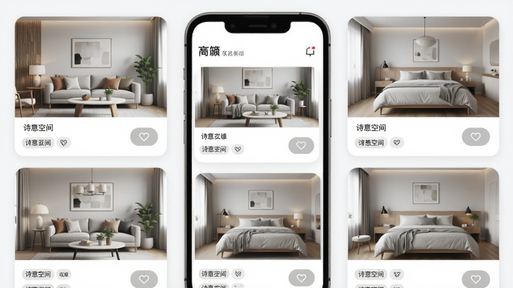 �ֻ�Ӧ�á�ʫ��ռ䡱�ķ���زĿ�ҳ��չʾ������Ϊ���żҾӷ��Ƭ�������У���Ƭ��Ϊ��ͬ������������ʵ��ͼ������Ϊ�ֻ����棬���ֲ��������Ű棬�������������ϸ�ڰ�������ǩ���ղذ�ť�������������ɾ����޶���Ԫ��