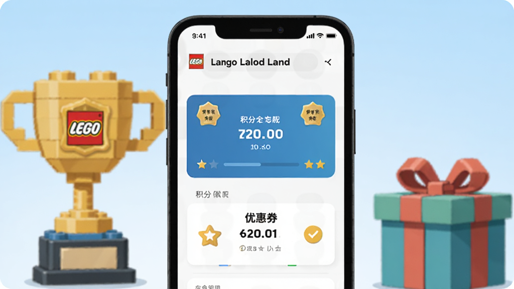 上海乐高乐园度假区应用会员中心页面,主体为手机屏幕显示积分卡与优惠券列表,布局为手机竖屏居中,背景点缀乐高积木拼成的奖杯与礼物盒,排版整齐,风格为柔和扁平插画,细节包含会员等级徽章与星星图标,画质高清,背景浅蓝渐变,无多余元素