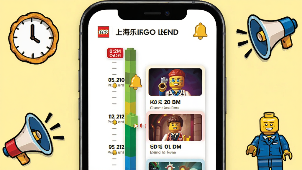 上海乐高乐园度假区应用演出时刻表界面,主体为手机屏幕展示彩色时间轴与乐高角色演出卡片,布局为手机居中,四周环绕钟表、喇叭与乐高小人图标,排版清晰分层,风格为明快卡通插画,细节包含时间刻度与提醒铃铛,画质高清干净,背景为浅黄色,无多余元素