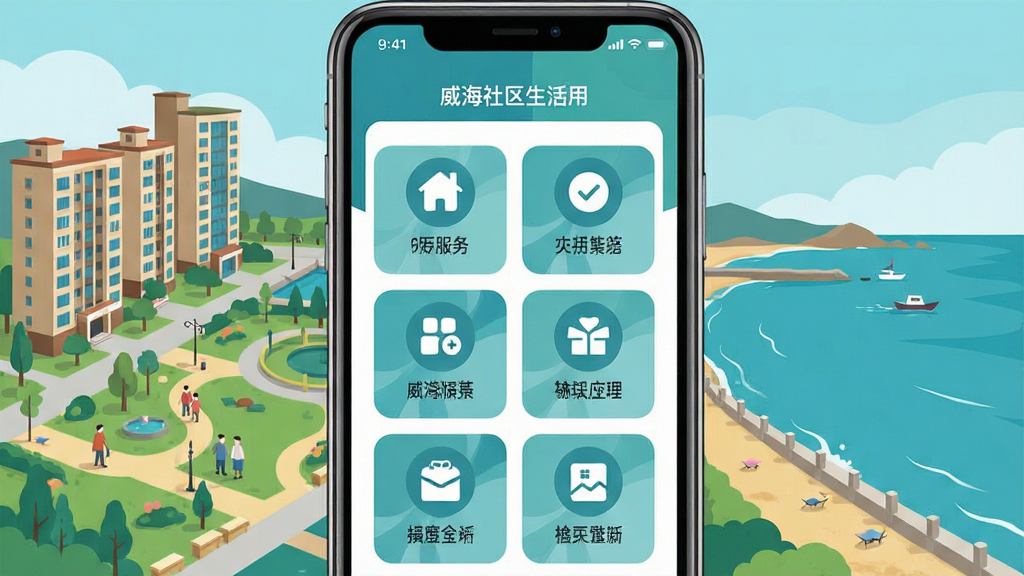 手机屏幕中展示威海社区生活应用主界面,画面中央为社区服务功能图标网格,背景为威海海滨城市风貌,包含居民楼、社区公园与海岸线元素,整体采用扁平化插画风格,色彩以蓝绿色调为主,布局清晰,细节丰富,画质干净,无多余元素,高清渲染