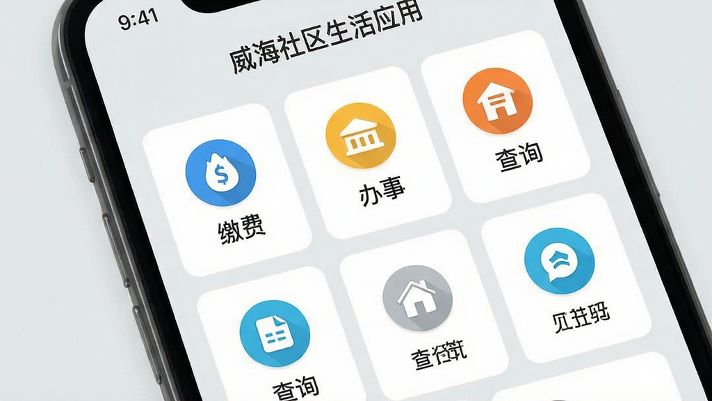 威海社区生活应用便民服务功能页面,画面展示手机屏幕中排列整齐的服务图标与说明文字,包含缴费、办事、查询等模块,背景为浅灰色,风格清爽简洁,布局合理,细节丰富,画质干净,无多余元素