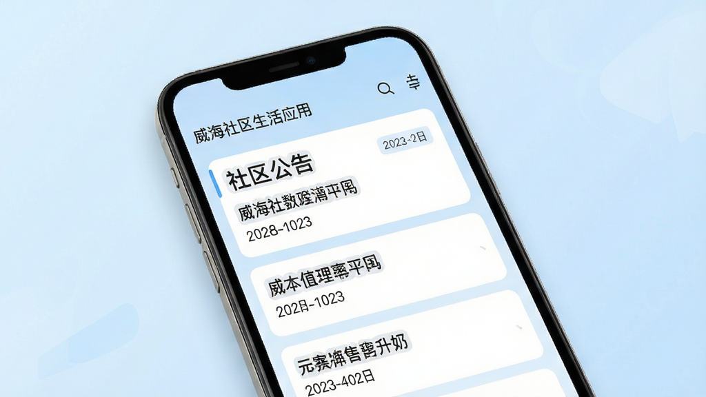 威海社区生活应用资讯列表页面展示,画面主体为手机界面中的社区公告卡片列表,每张卡片带有标题和日期标签,背景为淡蓝色渐变,排版整齐,风格简约现代,细节清晰,画质干净,无多余元素