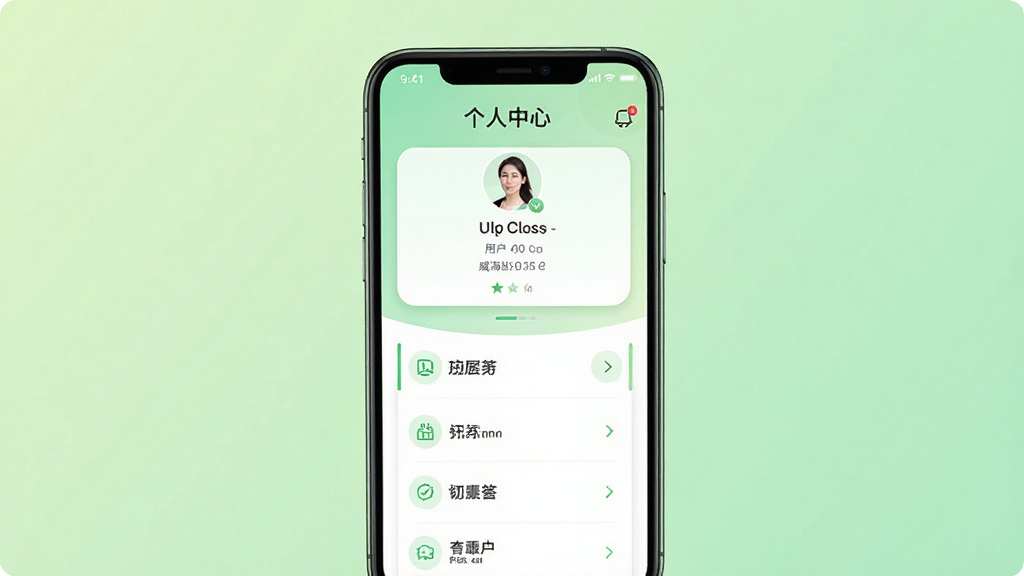 威海社区生活应用个人中心页面展示,画面为手机界面中的用户信息卡片与功能菜单列表,背景为淡绿色渐变,风格清新简洁,布局规整,细节清晰,画质干净,无多余元素
