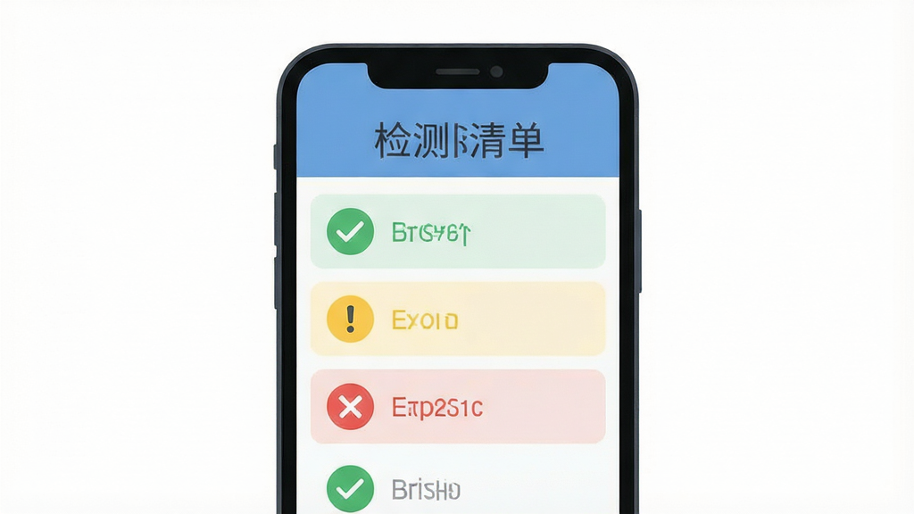 一张展示软件检测界面的示意图,主体为手机屏幕中的检测清单列表,布局为上下结构上方标题下方条目,排版整齐清晰,风格为扁平化UI设计,细节包含绿色对勾图标、黄色感叹号与红色叉号标识,画质清晰,画面干净无多余元素