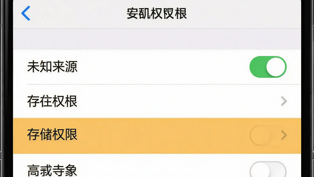 一张展示手机安装权限设置界面的示意图,主体为屏幕中的开关列表,布局为上方标题下方若干权限条目,排版简洁,风格为系统设置界面风格,细节包含“未知来源”开关处于开启状态、存储权限高亮显示,画质清晰,画面干净无多余元素