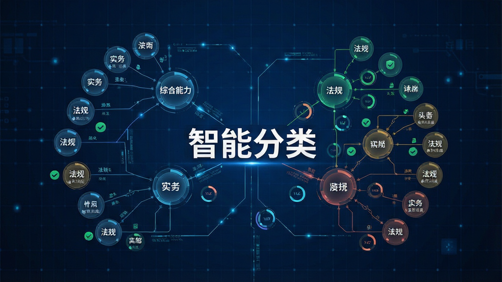 画面主体为一张悬浮的数字化知识图谱,节点以圆形图标呈现不同科目分类,如“综合能力”“实务”“法规”等字样,布局为树状发散结构,风格为科技感信息图表风,细节包含连接线、进度环、对勾标记等元素,画质高清干净,背景为深蓝色科技网格,图片中打文字“智能分类”