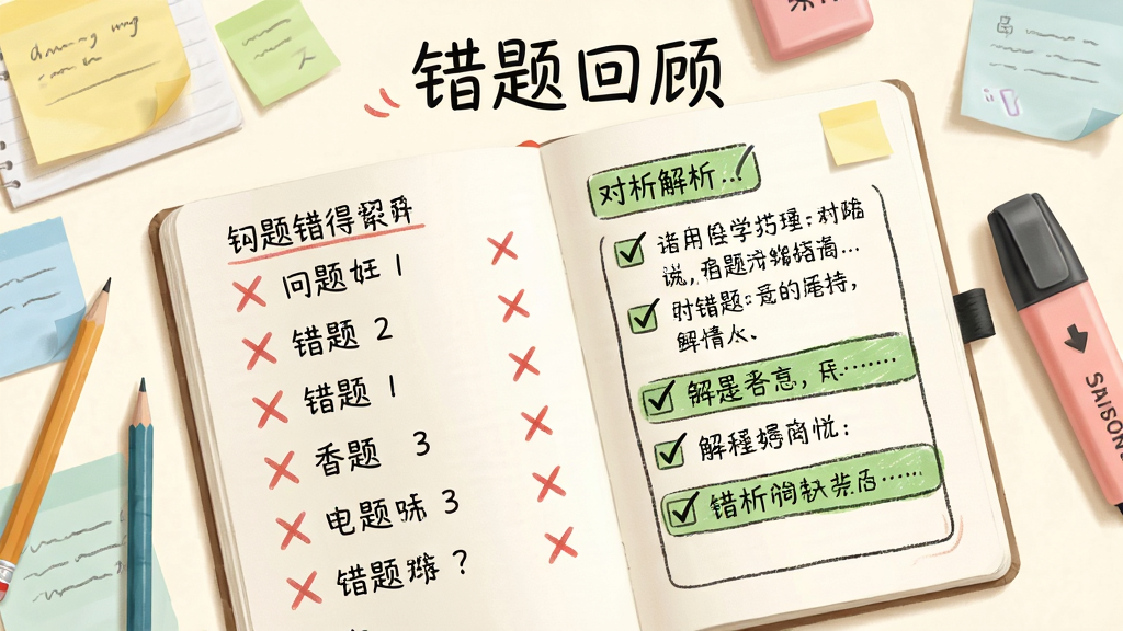 画面主体为一本打开的笔记本,页面上显示红色叉号标记的题目列表和旁边的绿色对勾解析框,布局为左右分栏,左侧错题列表右侧解析详情,风格为清新手绘学习风,细节包含铅笔、荧光笔、便签纸等文具装饰,画质柔和干净,背景为米白色,图片中打文字“错题回顾”