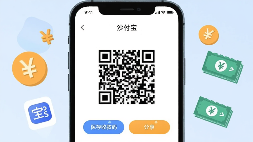 一部手机屏幕显示“沙付宝”应用中的收款码页面,页面中央为方形二维码,下方有“保存收款码”与“分享”按钮,手机两侧漂浮着人民币符号与账单图标,背景为淡蓝色渐变,布局为手机居中特写,风格为清爽扁平插画,细节包含二维码纹理与按钮高光,画质清晰干净,无杂乱元素