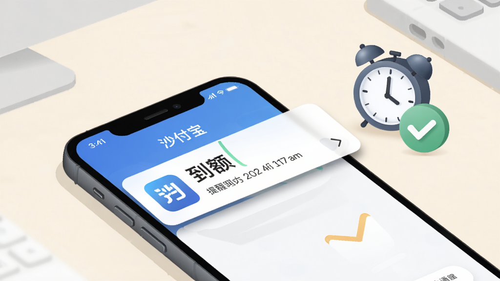 画面展示“沙付宝”应用的通知提醒功能,手机屏幕上方弹出一条到账提醒横幅,内容为金额与时间信息,手机旁有闹钟与对勾图标,背景为浅色办公桌面,排版为手机斜放视角,风格为简洁商务插画,细节包括通知卡片的阴影与图标质感,画质干净清晰,无多余元素