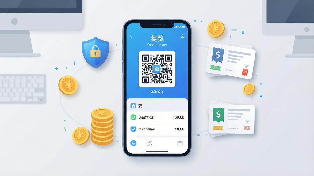 一张展示手机支付应用界面的场景图,画面中央是一部智能手机,屏幕上显示蓝色调的收款码与交易记录列表,手机周围环绕着金币、盾牌安全图标和账单小卡片,背景为浅灰色简洁办公桌面,整体排版居中对称,风格为现代扁平化科技插画,细节包括清晰的图标阴影与柔和渐变,画质干净清晰,无多余装饰元素