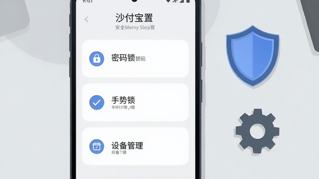 一部安卓手机屏幕显示“沙付宝”应用的安全设置页面,页面中有密码锁、手势锁与设备管理三个选项卡片,手机旁边放置一个盾牌图标与齿轮图标,背景为浅灰色简洁桌面,排版为手机正面特写,风格为扁平化安全主题插画,细节包括卡片圆角与图标线条,画质清晰干净,无多余装饰